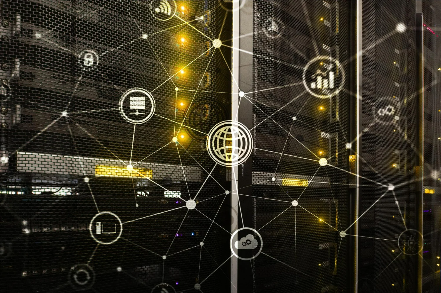 Imagem de um servidor em data center com diferentes símbolos de TI, representando as conexões do DCI.